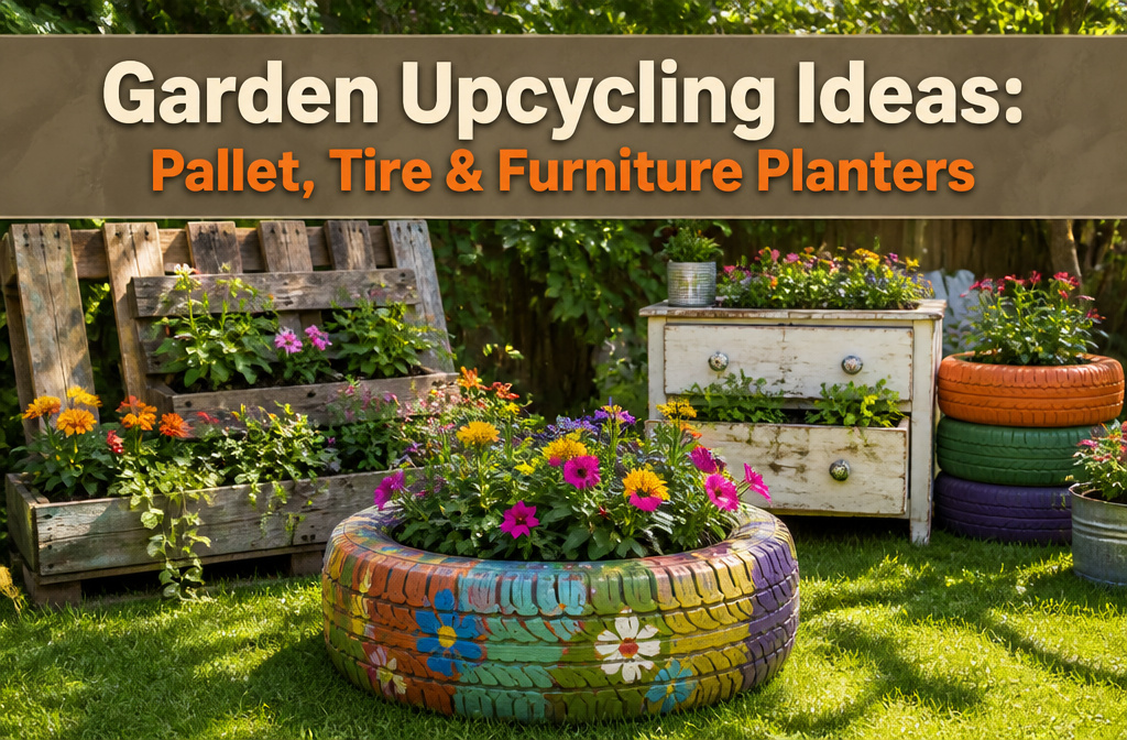 Various upcycled garden planters made from pallets, tires, and furniture.