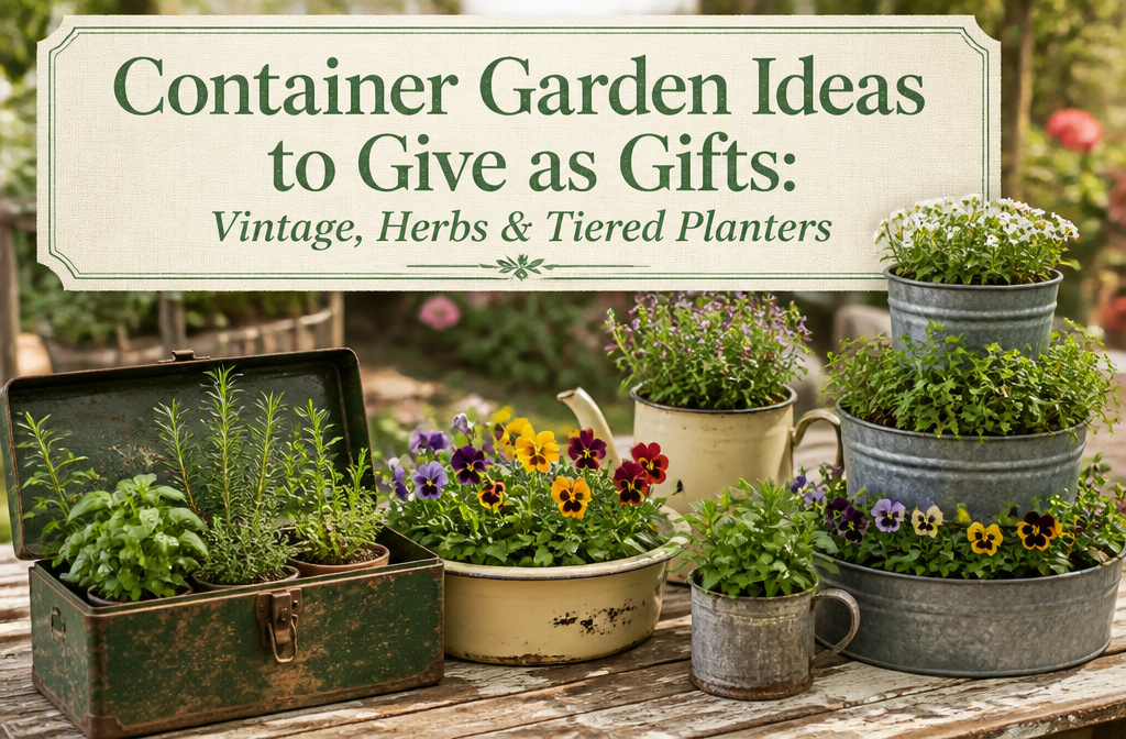 Three different container garden designs including vintage, herbs, and tiered planters.