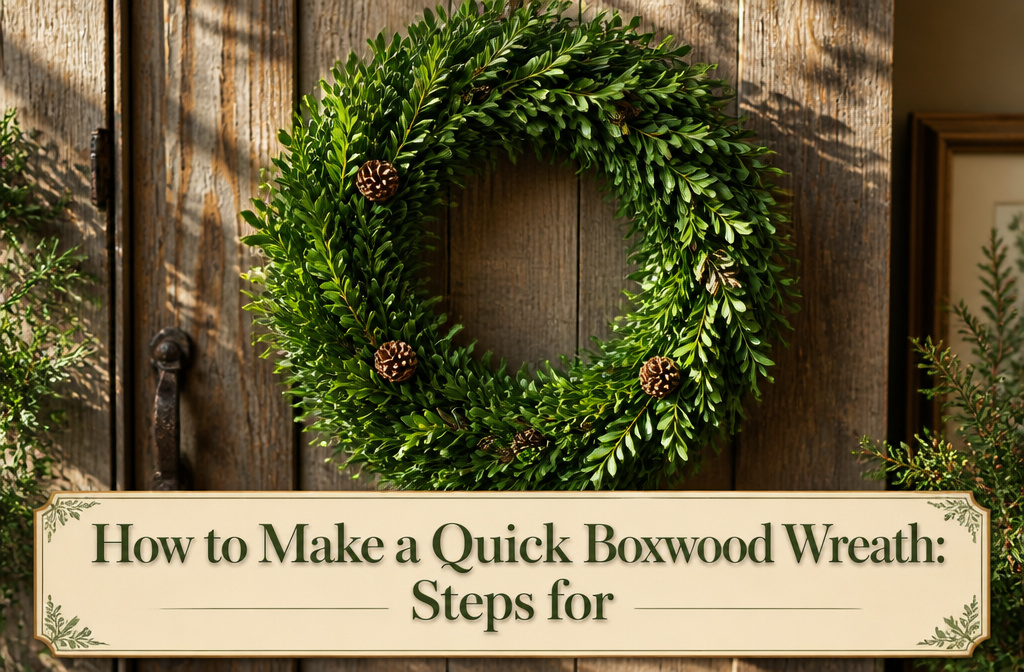 Vibrant green boxwood clippings on a rustic wooden table.