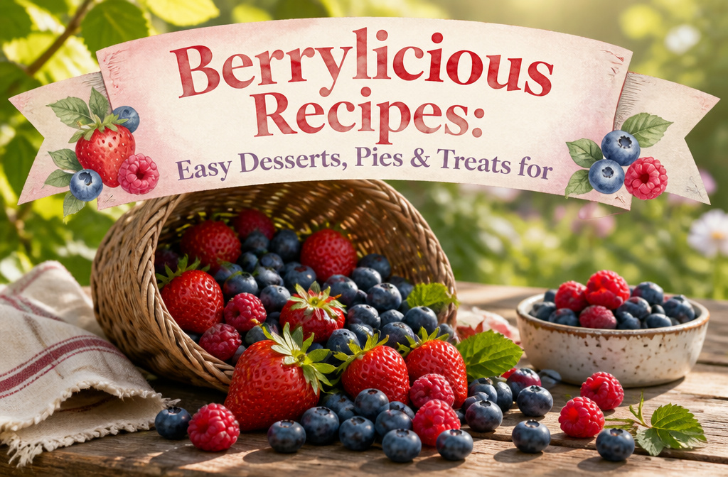 An assortment of desserts featuring various berries on a wooden table.