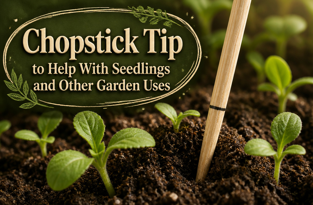 A collection of wooden chopsticks on a potting bench surrounded by gardening tools.