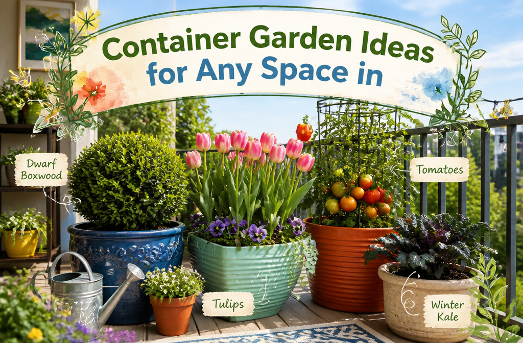 A variety of colorful container gardens displayed on a sunny patio.