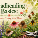 A gardener deadheading flowers in a colorful garden.