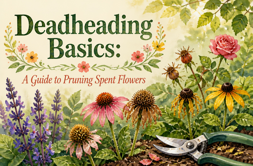 A gardener deadheading flowers in a colorful garden.