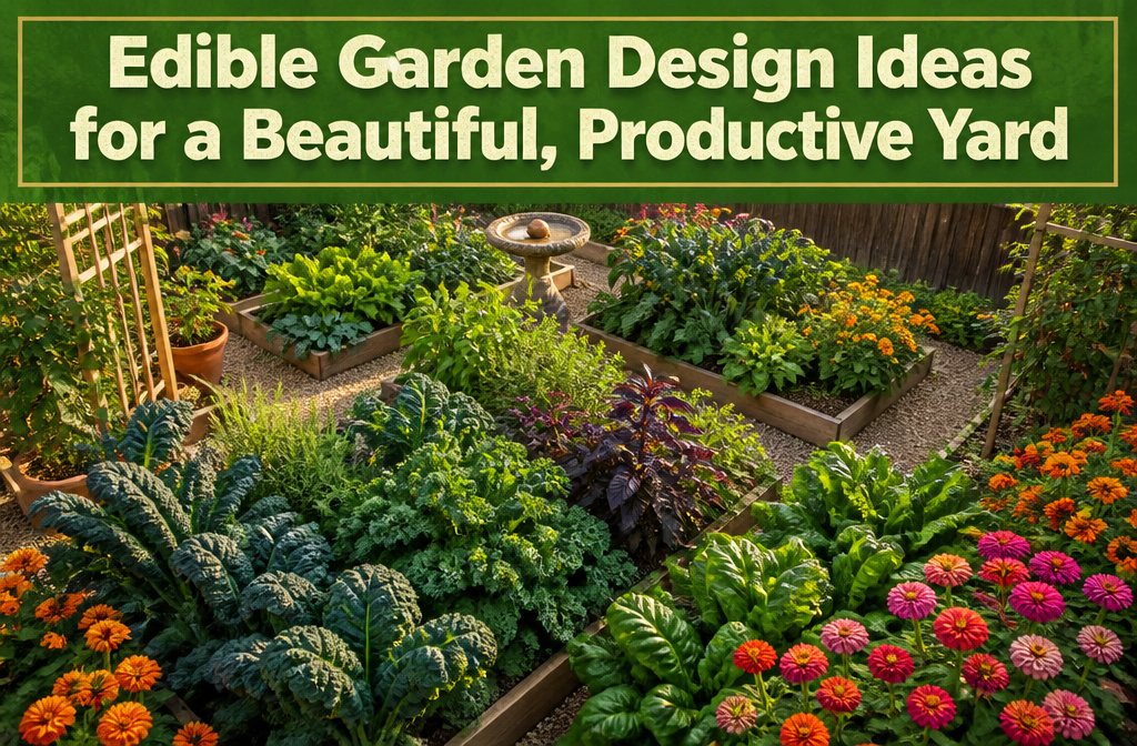 A colorful edible garden with various plants and vegetables in a sunny setting.