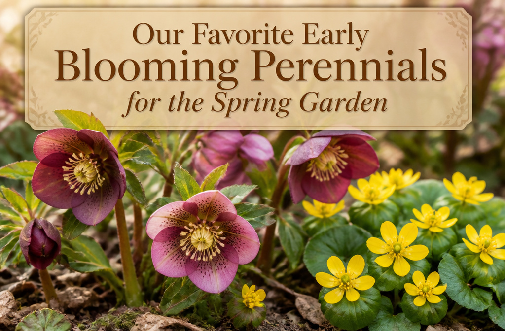 Colorful early blooming perennials in a garden during spring.