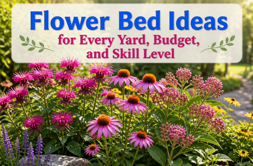 A vibrant flower bed with a variety of plants and flowers.