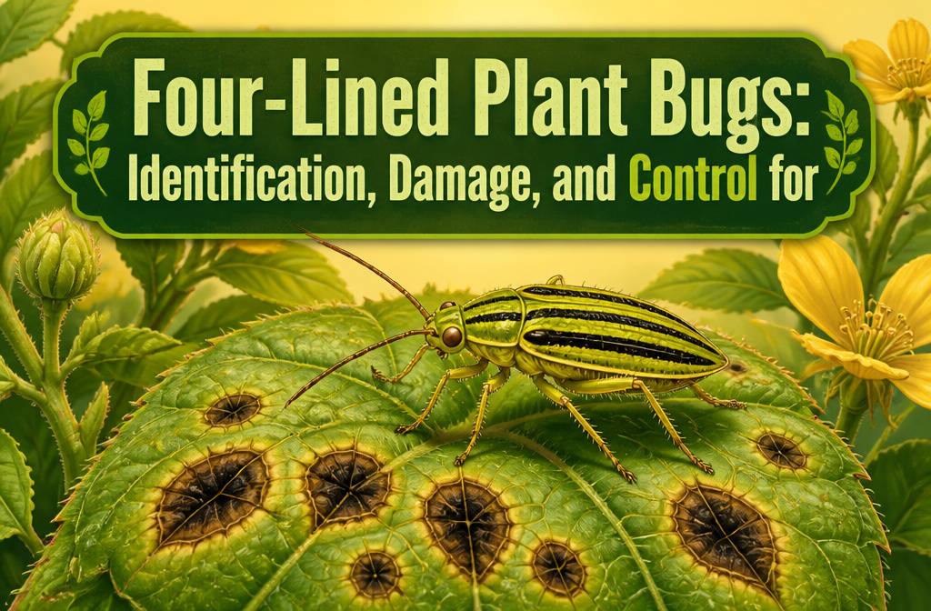 Close-up of a four-lined plant bug on a green leaf.
