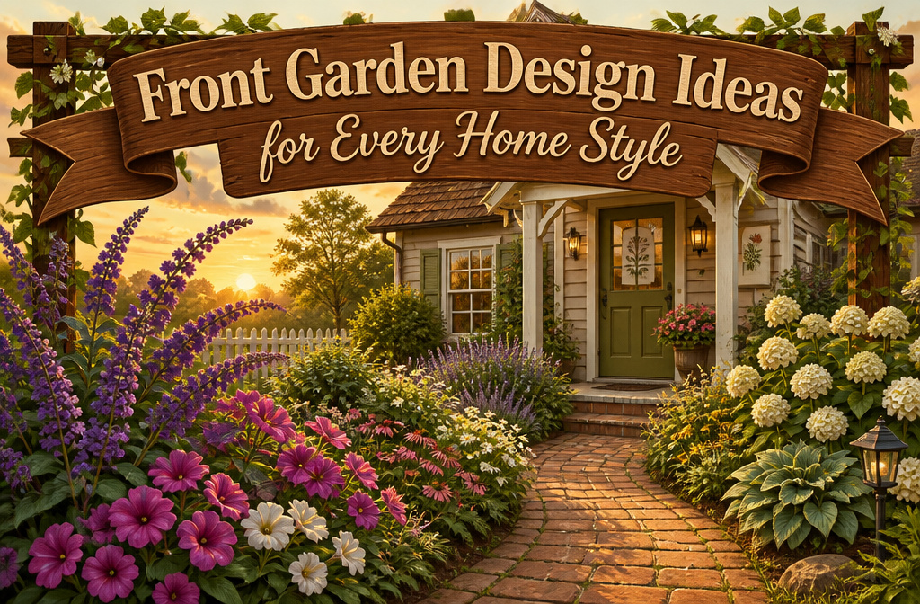 A collage of diverse front garden designs showcasing different plantings.