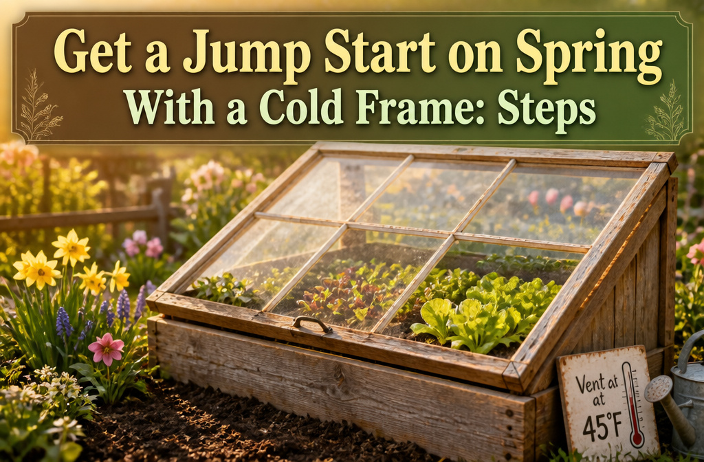 A cold frame structure with a clear lid, surrounded by garden tools.