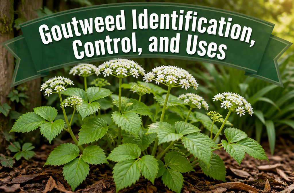 Goutweed plant with three-part leaves and white flower clusters.