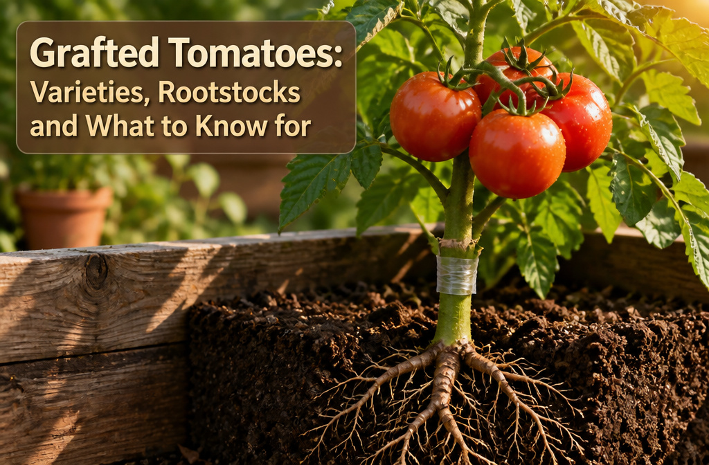 Assorted grafted tomatoes displayed with various colors and sizes.