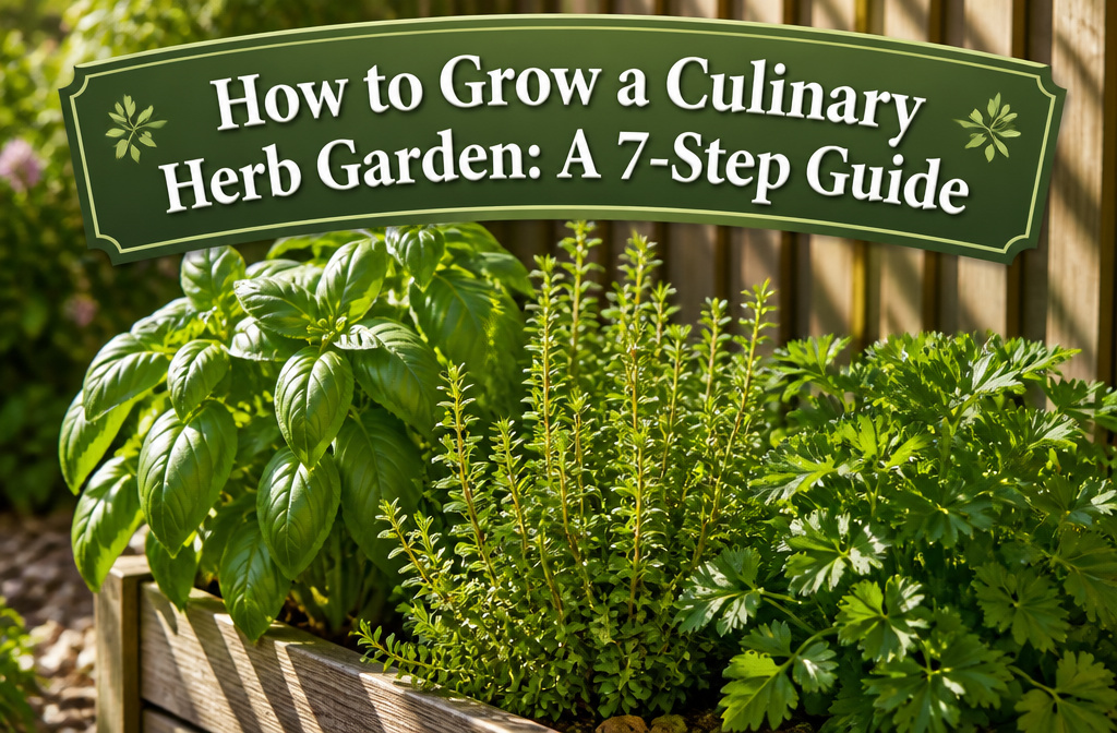 A thriving herb garden with various plants in full sunlight.