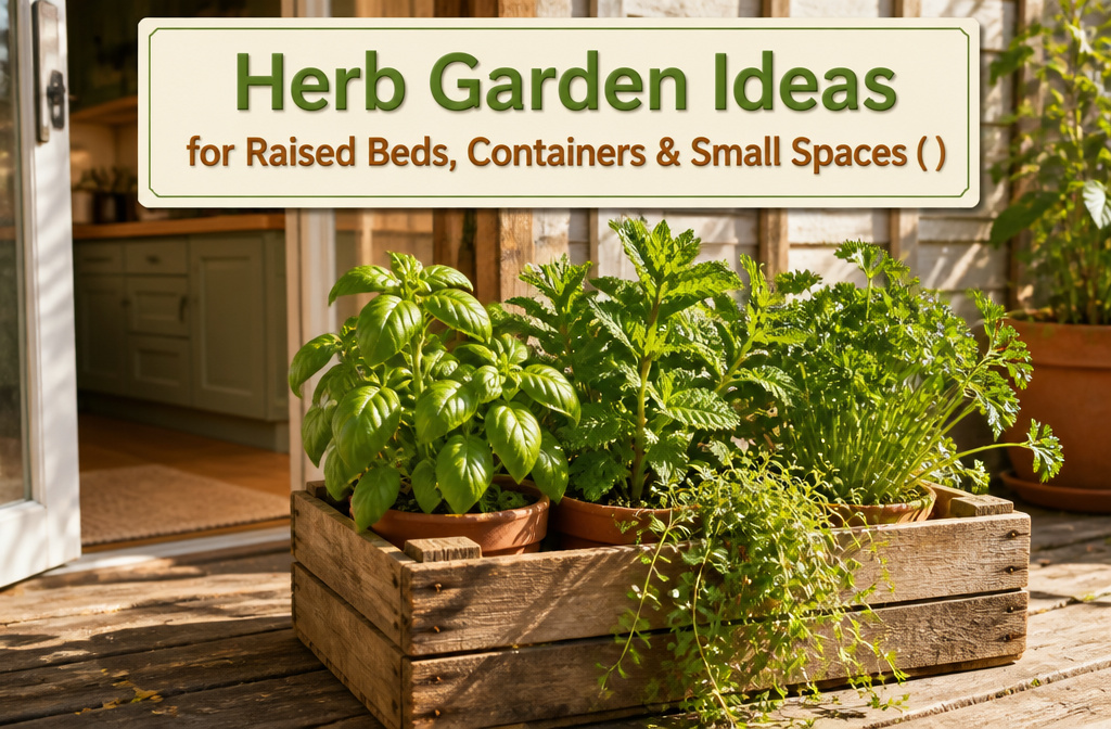 A colorful herb garden featuring various plants in raised beds and containers.