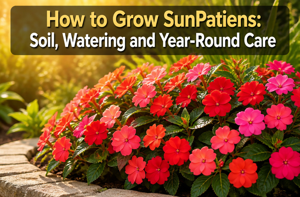 SunPatiens flowers in various colors blooming in a garden.
