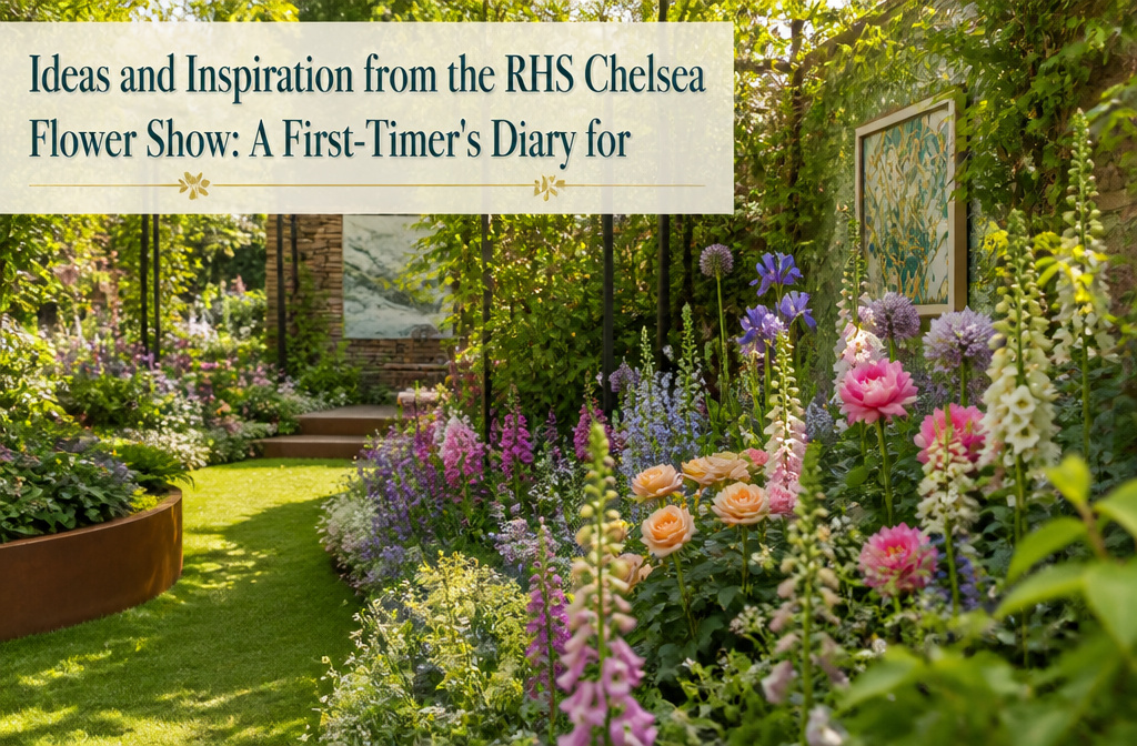 A wide view of the RHS Chelsea Flower Show featuring colorful gardens and crowds.