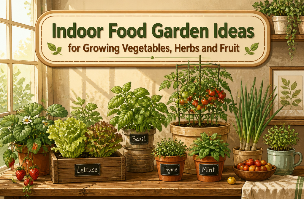 A variety of indoor plants including vegetables and herbs arranged on a table.