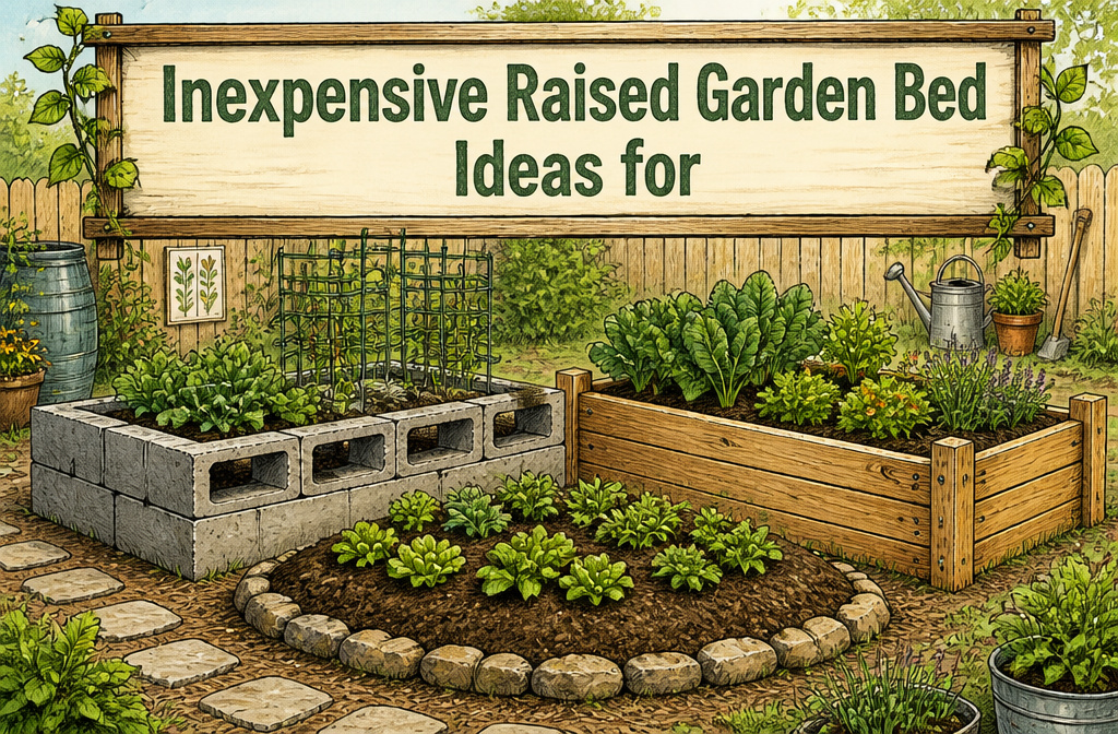 Different styles of inexpensive raised garden beds displayed in a collage.