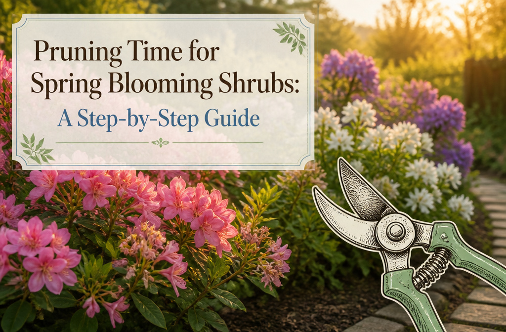 A variety of spring blooming shrubs in a garden setting.