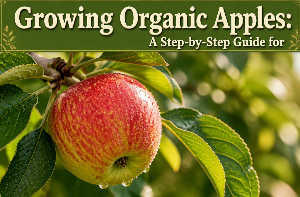 Rows of apple trees with ripe apples in a sunny orchard.