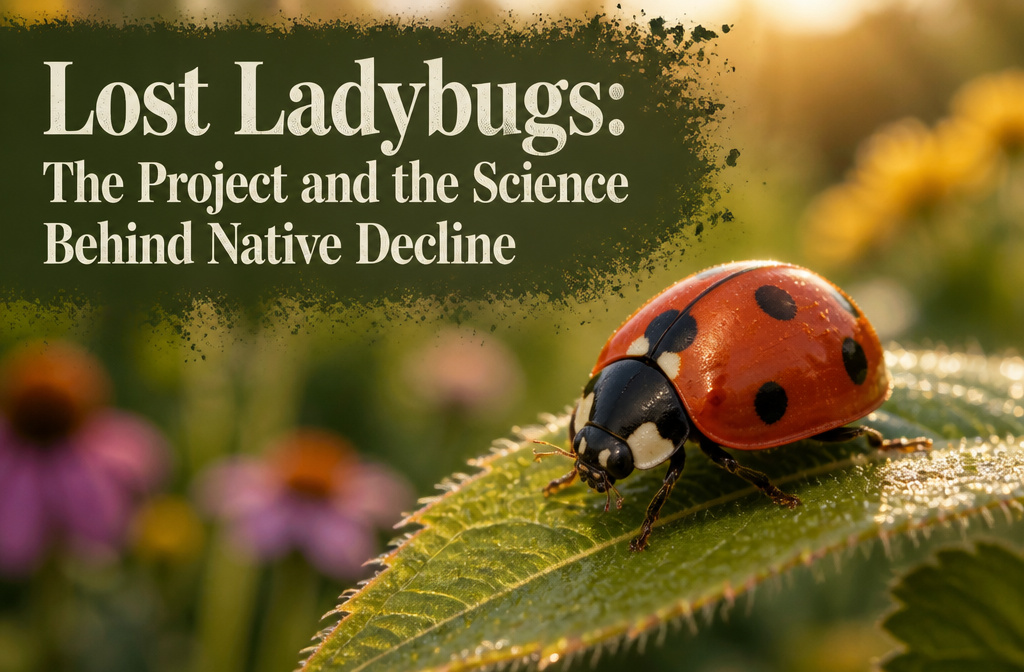 Collage of nine-spotted, two-spotted, and transverse ladybugs on a wooden surface.