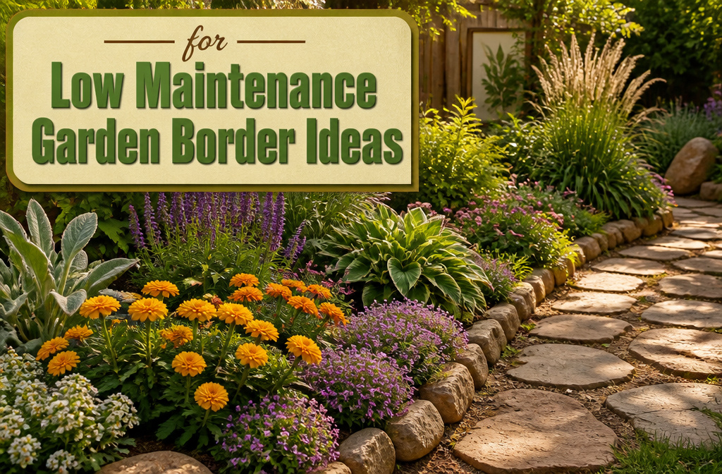 A variety of low maintenance plants forming garden borders.