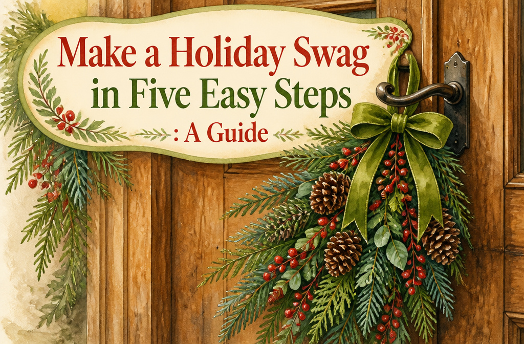 A holiday swag made of evergreen branches and colorful decorations.