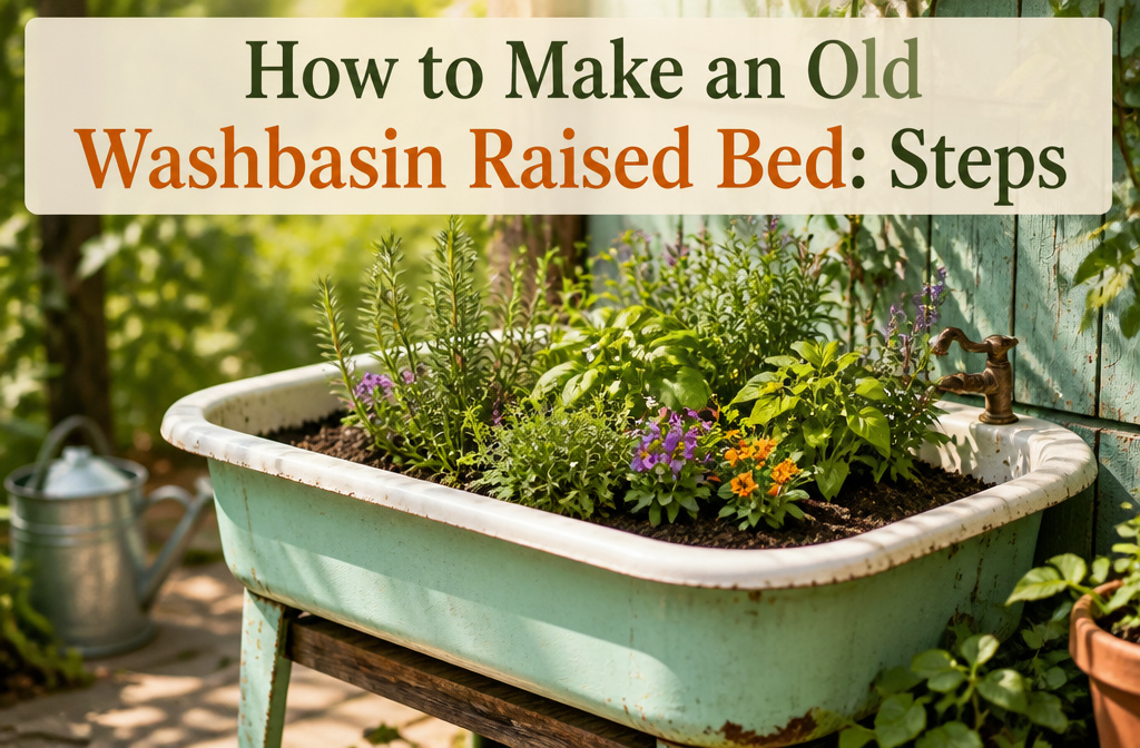 An old washbasin set up as a raised garden bed outdoors.