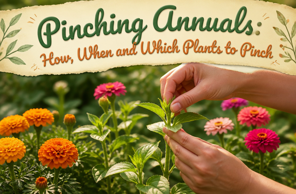 A gardener pinching the top of an annual plant in a garden.