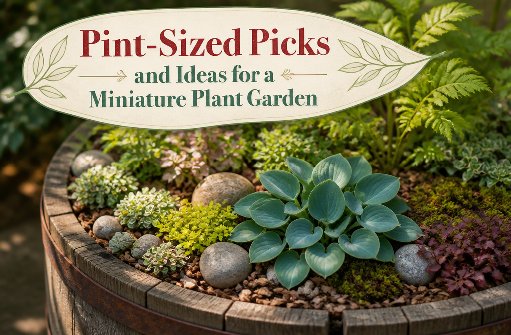 A collection of miniature plants in a garden setting with decorative accessories.