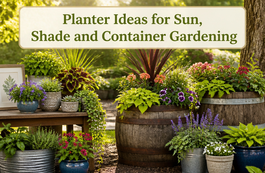 Colorful planters with various plants arranged in different styles.