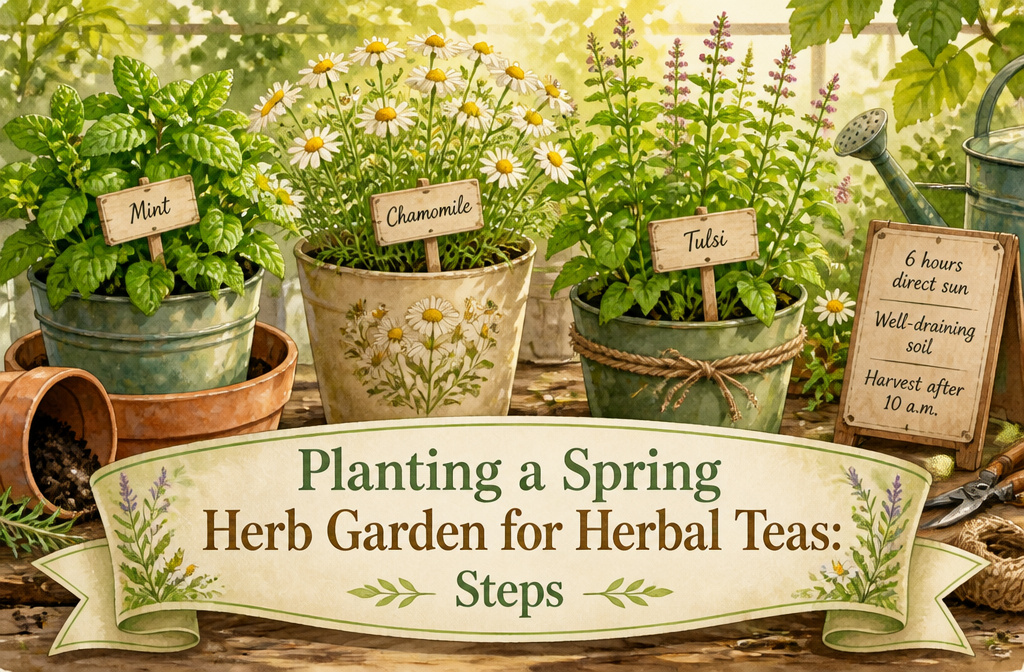 A garden scene with various potted herbs for making herbal teas.
