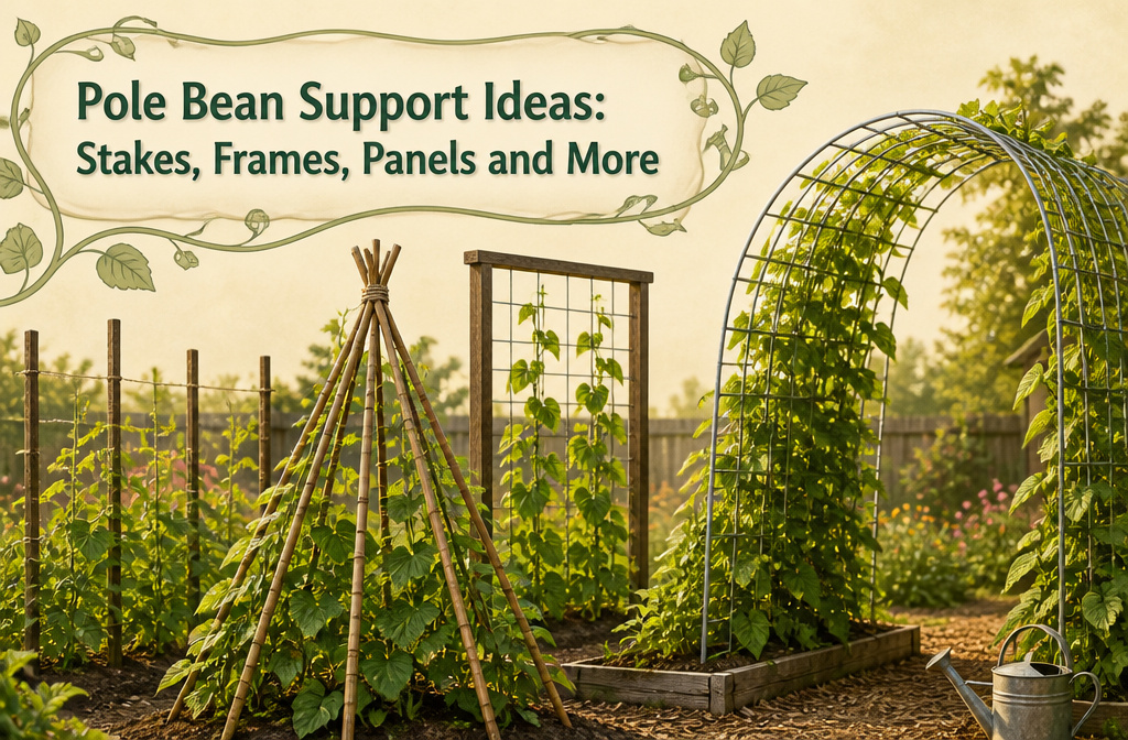 Different types of structures supporting pole beans in a garden.