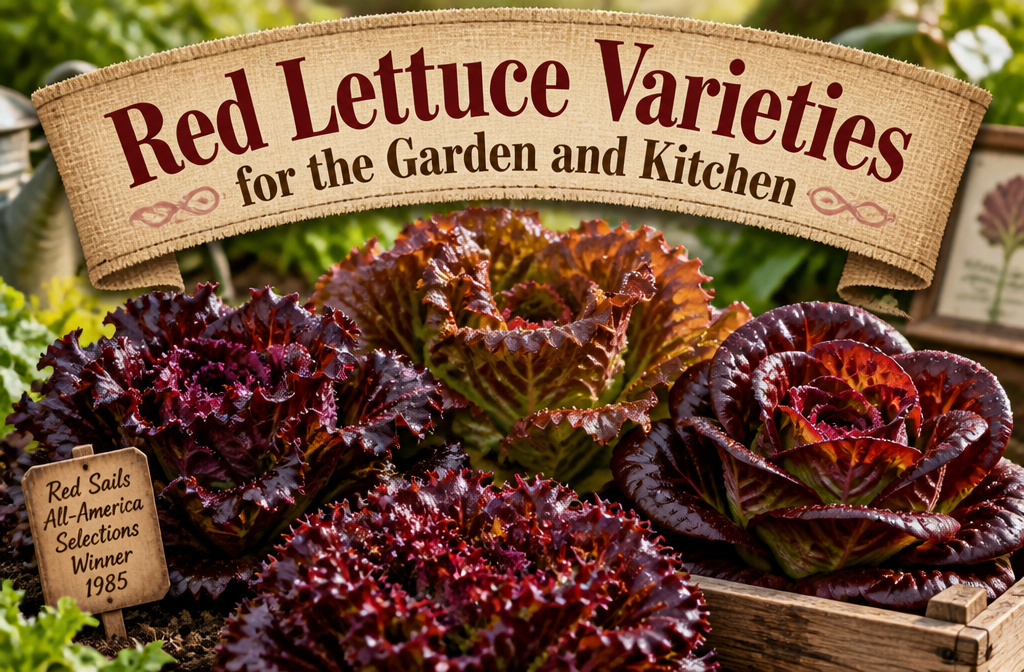 Different types of red lettuce growing in a garden.