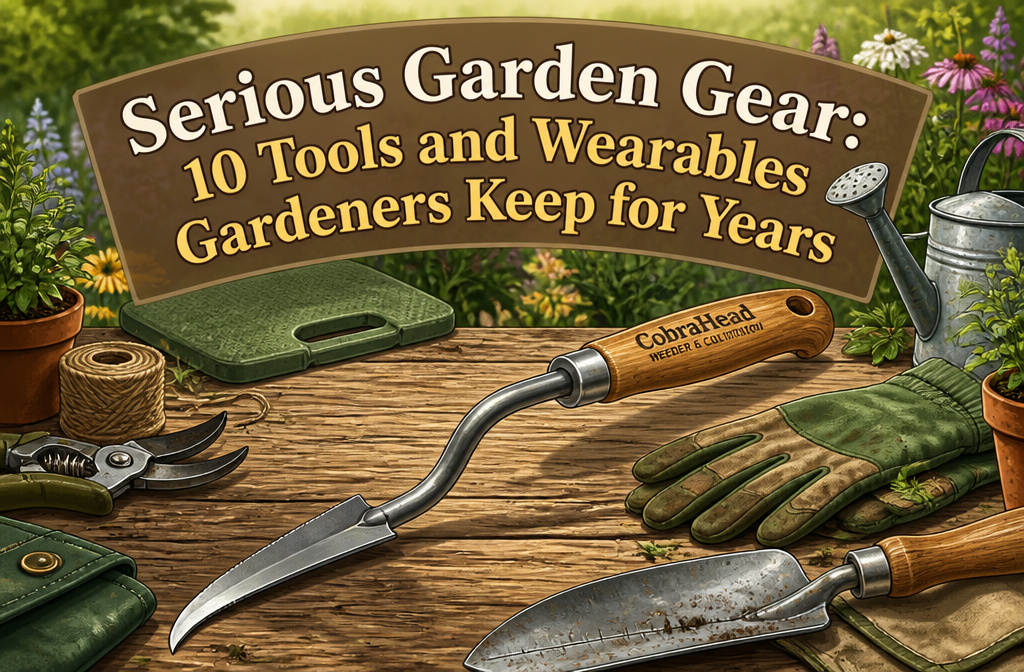 Various gardening tools and wearables arranged on a wooden table.