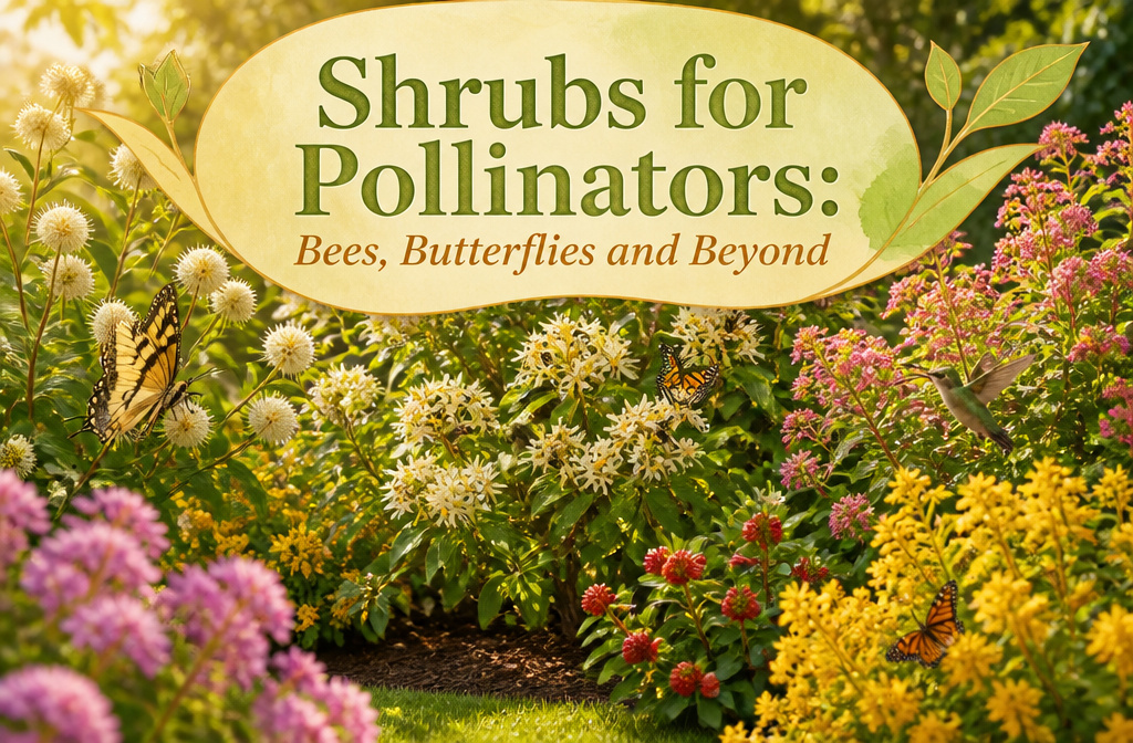 Diverse native shrubs blooming in a garden setting to attract pollinators.
