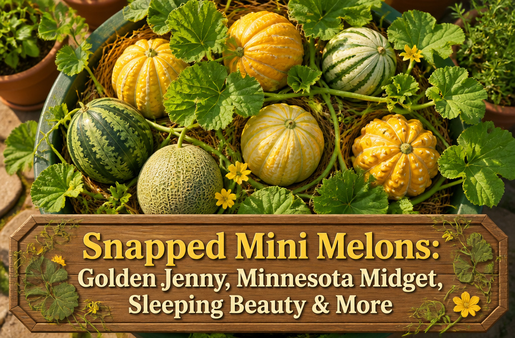A variety of mini melons displayed together, highlighting different sizes and colors.