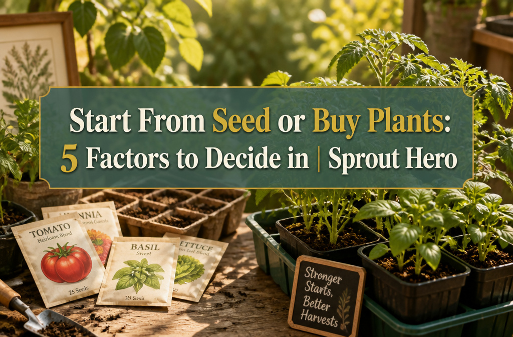 A colorful display of seed packets and starter plants for gardening.