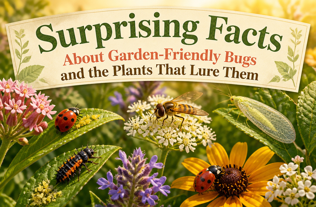 Colorful flowers and plants in a garden attracting various beneficial insects.