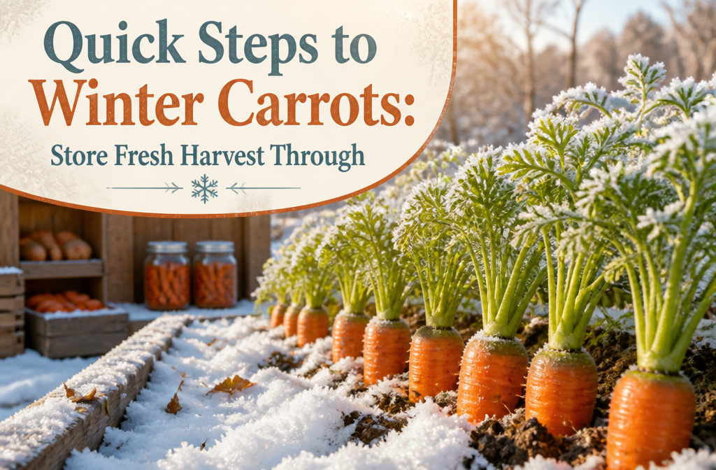 A collection of winter carrots displayed with frost on the ground.