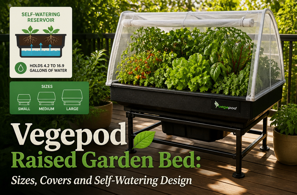 Vegepod raised garden bed with self-watering reservoir and mesh pest cover.