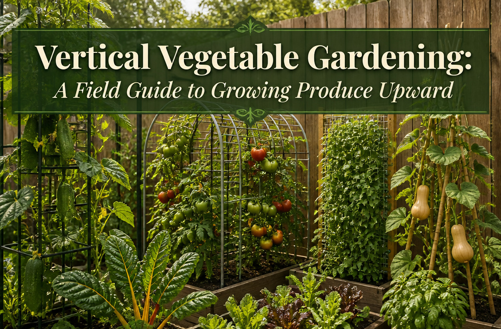 Vertical garden with various climbing vegetables and herbs in pots.