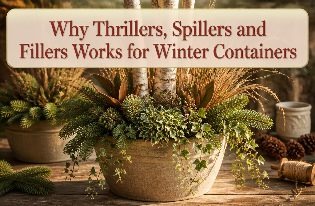 A winter container arrangement featuring various evergreen branches and plants.