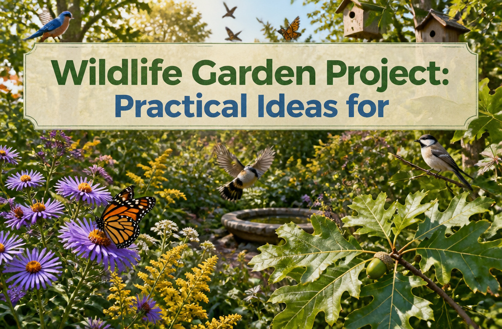 A colorful wildlife garden featuring various native plants and a pond.