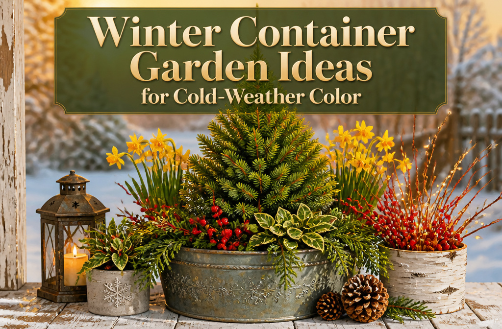 A winter container garden featuring various plants and decorative elements.