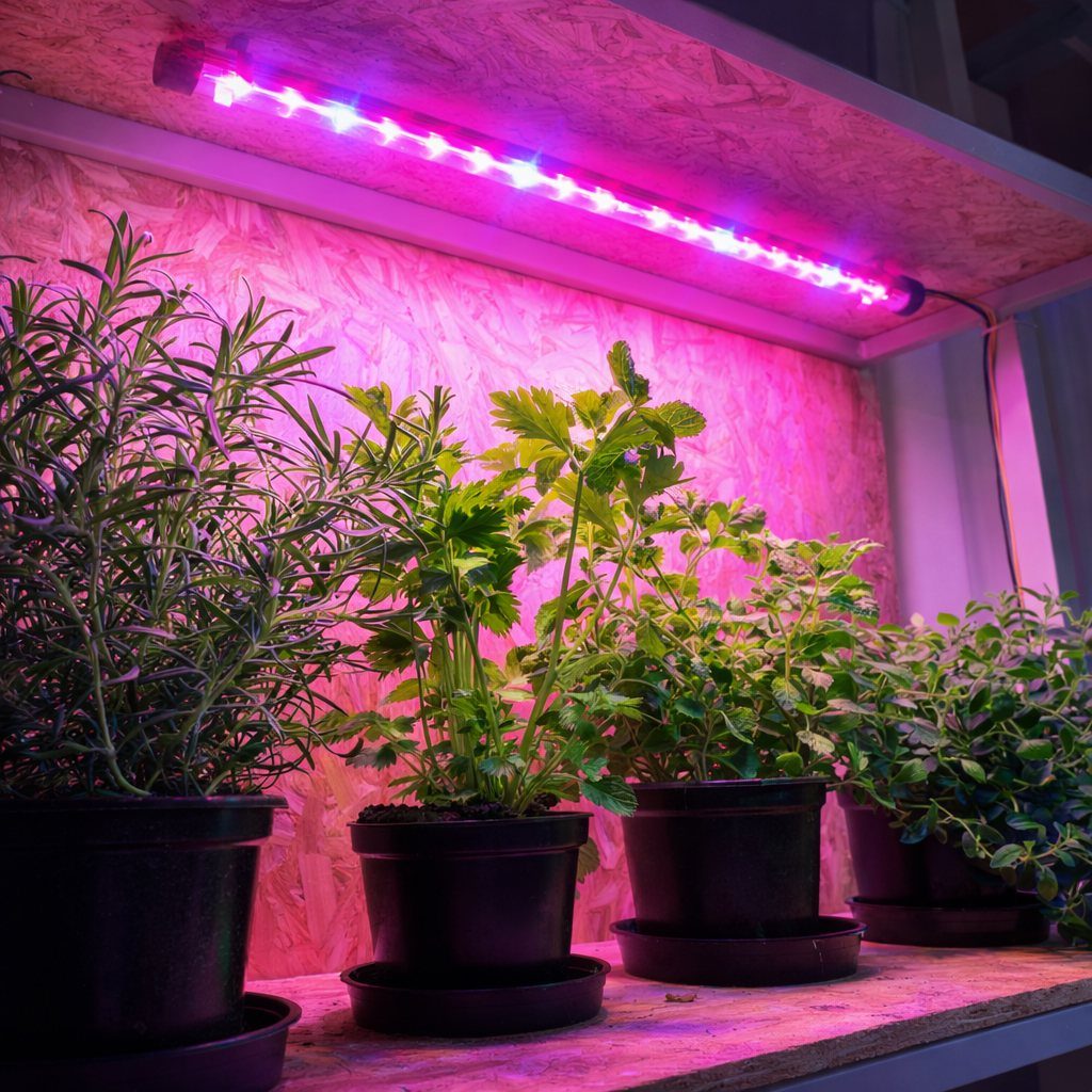 Potted green plants growing on a shelf under a pink LED grow light.