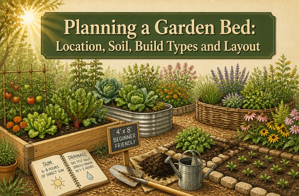 A garden bed in a sunny location with soil and tools.