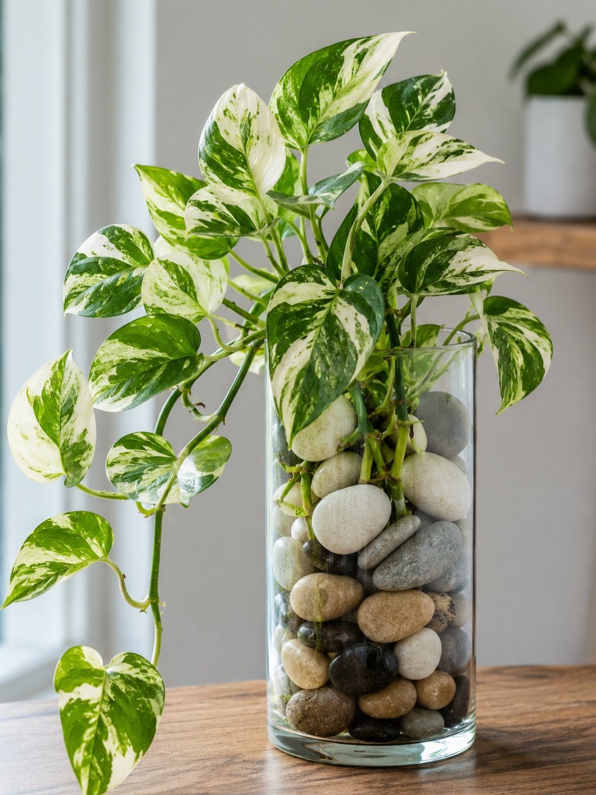 Variegated Pothos plant growing in a glass vase filled with river stones.